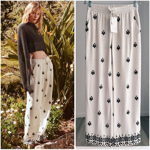 Zara Embroidered Wide Leg Pants New - Picture 1 of 14